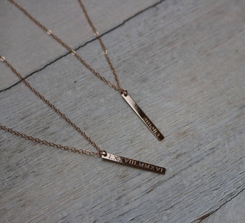 14K Gold Skinny Vertical Bar Pendant | Engravable Necklace